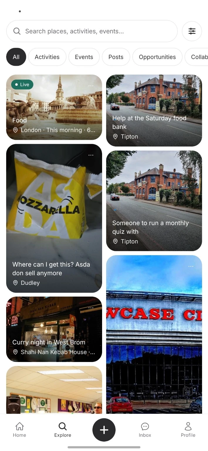 The OutSocial Explore screen: a wall of photographs from activities, posts and opportunities around Tipton, Dudley and West Bromwich, with a live one at the top.